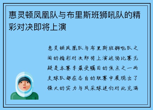 惠灵顿凤凰队与布里斯班狮吼队的精彩对决即将上演